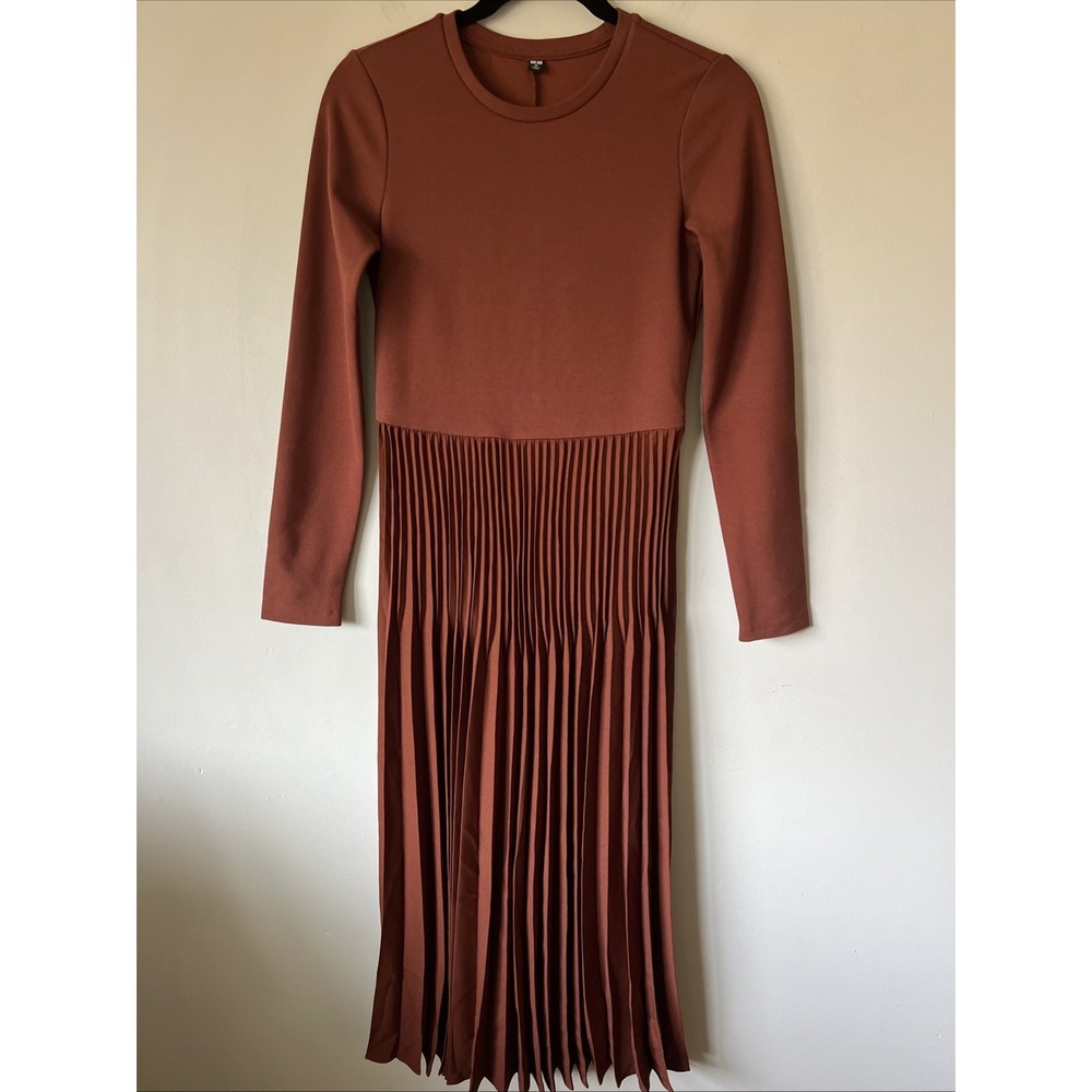UNIQLO Combination Pleated Satin Midi Dress Size XS Rust Layered Career
